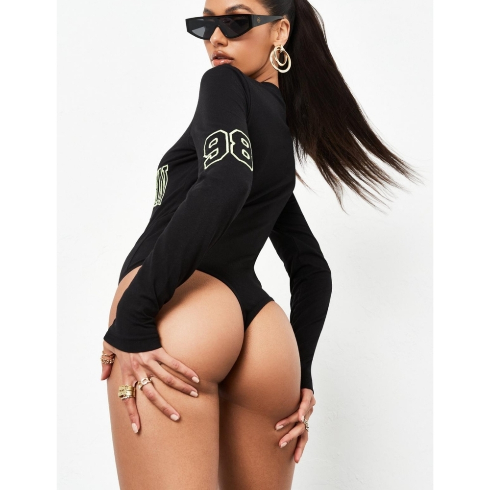 Black Zip Front Script Bodycon Bodysuit - Picture 4 of 6